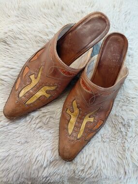 Frye Phoenix Brown Leather Western Studded Mules Pointed Toe Heels Size 8.5